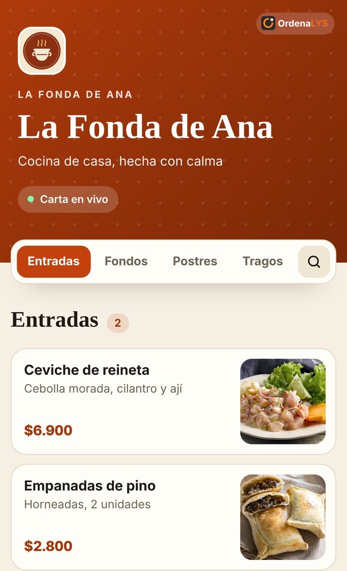 Carta digital en diseño clásico, con foto a la derecha de cada plato