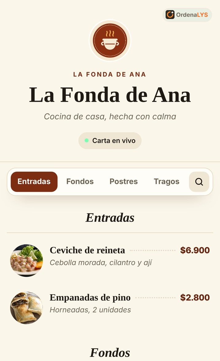 Carta digital en diseño elegante, con precios alineados