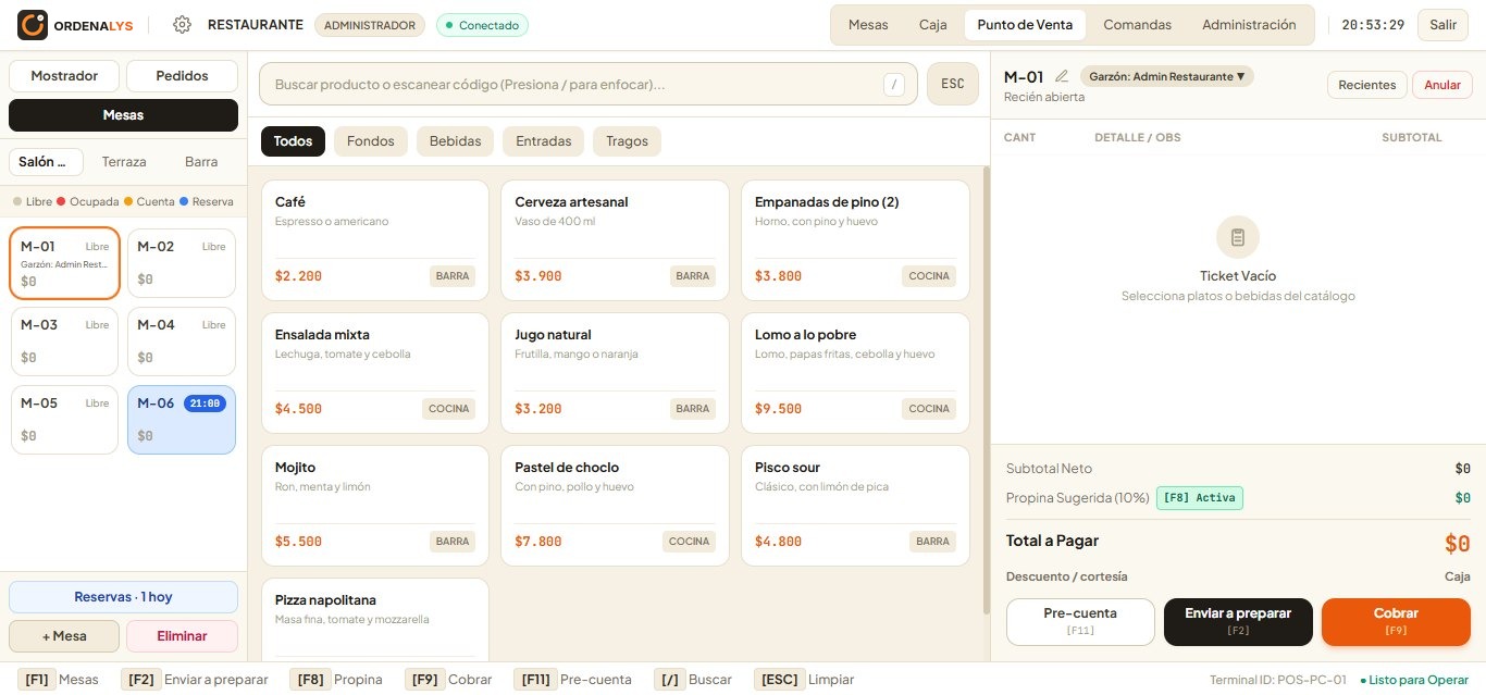 Punto de venta de NexoPOS con la carta de un restaurante y el ticket de una mesa