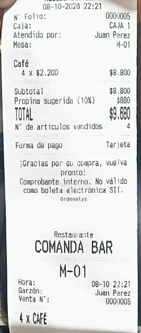Recibo de venta y comanda de bar impresos en una impresora térmica